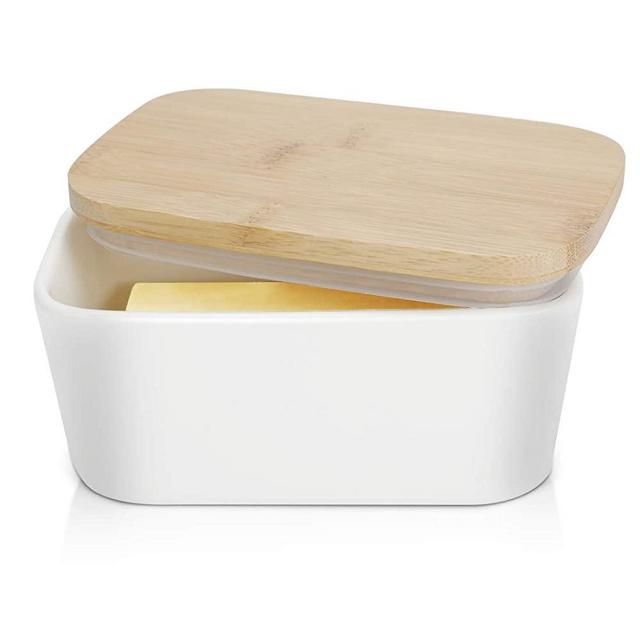 Large Butter Dish 22 oz (650ml), Airtight Butter Keeper Butter Container, Porcelain Butter Keeper Container with Beech Wooden Lid & Seal Ring