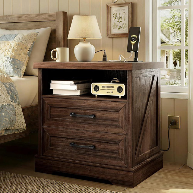AODK 24 Inch Farmhouse Nightstand with Charging Station, Wood Bedside Table with 2 Drawers, Rustic Wood End Table with Outlet and USB for Bedroom, Dark Walnut