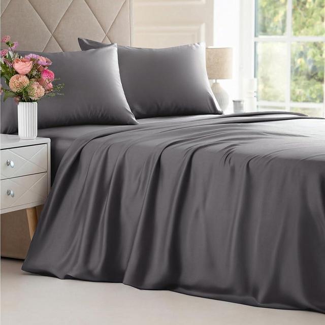 Bamboo Sheets Queen Size - Cooling Sheets for Queen - 100% Bamboo Derived From Rayon - Soft, Breathable & Hotel Luxury Bedding - 1 Flat & 1 Fitted & 2 Pillowcases w/ 16 Inch Deep Pockets - Dark Grey