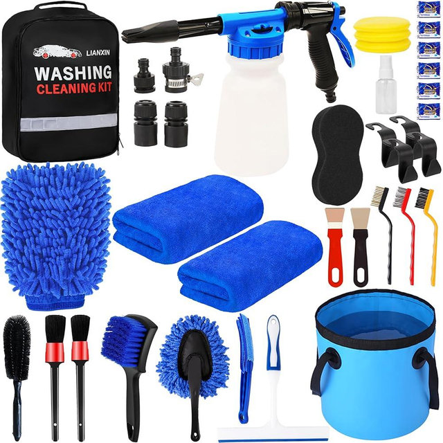 LIANXIN 37Pcs Car Wash Kit Cleaning Kits with Foam Gun Sprayer Bucket Towels Tire Brush Wash Mitt Sponge Duster Brush Car Wash Detailing Kit is Complete Car Care Tools