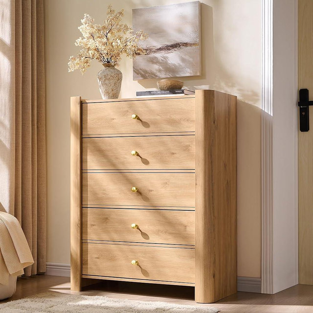 IFGET Modern 5 Drawer Dresser for Bedroom, Wooden Chest of Drawers with Curved Profile Design, 39.6" Tall Wood Dresser with Golden Metal Handle for Bedroom, Living Room, Hallway, Natural