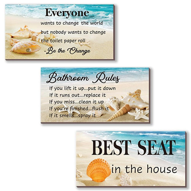 ZINYAZHE 3 Pieces Bathroom Rules Wall Decor Beach Bathroom Rules Wall Art Funny Ocean Beach Bathroom Rules Signs Best Seat in The House Bathroom Sign for Bathroom Toilet Wall Decor (Ocean 10x5 inch)
