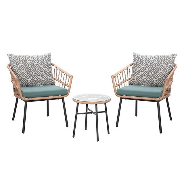 Super Patio 3 Piece Patio Set, Outdoor Furniture Wicker Bistro Set Rattan Chair Conversation Sets with Coffee Table and Turquoise Cushions