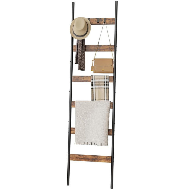 Blanket Ladder, 6-Tier Towel Holder with 4 Removable Hooks, Farmhouse Wall Leaning Decorative Rack Shelf, Wooden Towel Display Rack, Quilt Ladder for Living Room, Bedroom, Rustic Brown