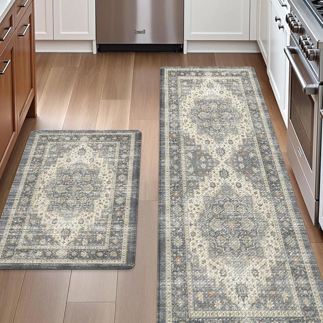 DEXI Kitchen Floor Mats Anti Fatigue, 17x29+17x59 Large Cushioned Runner Rug Waterproof, Standing Comfort Memory Foam Padded for Front Sink Laundry Office Set of 2, Dark Grey