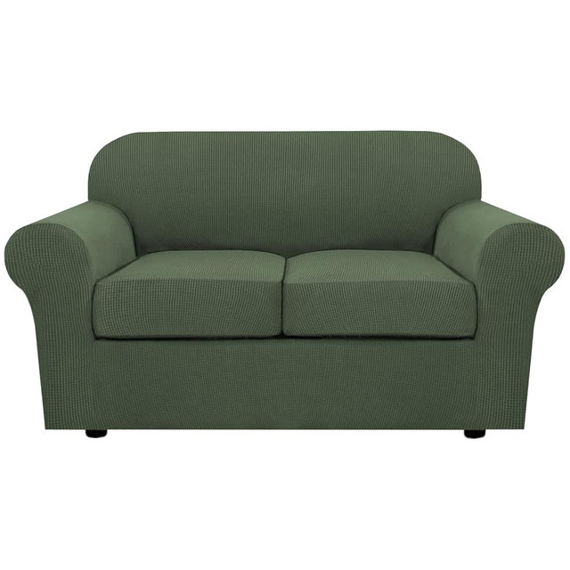 H.VERSAILTEX 3 Piece Stretch Sofa Covers for 2 Cushion Loveseat Couch Covers for Living Room Furniture Cover (Base Cover Plus 2 Seat Cushion Covers) Thicker Jacquard Fabric(Medium, Bronze Green)