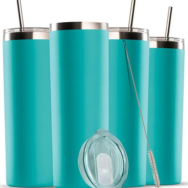 Insulated Skinny Stainless Steel Tumbler Set - 4-Pack 20oz Coffee Tumbler with Straw - Travel Coffee Mug With PBA Free Lids - Slim Vacuum Insulated Tumblers Keep Hot and Cold - Great for Home, Office.