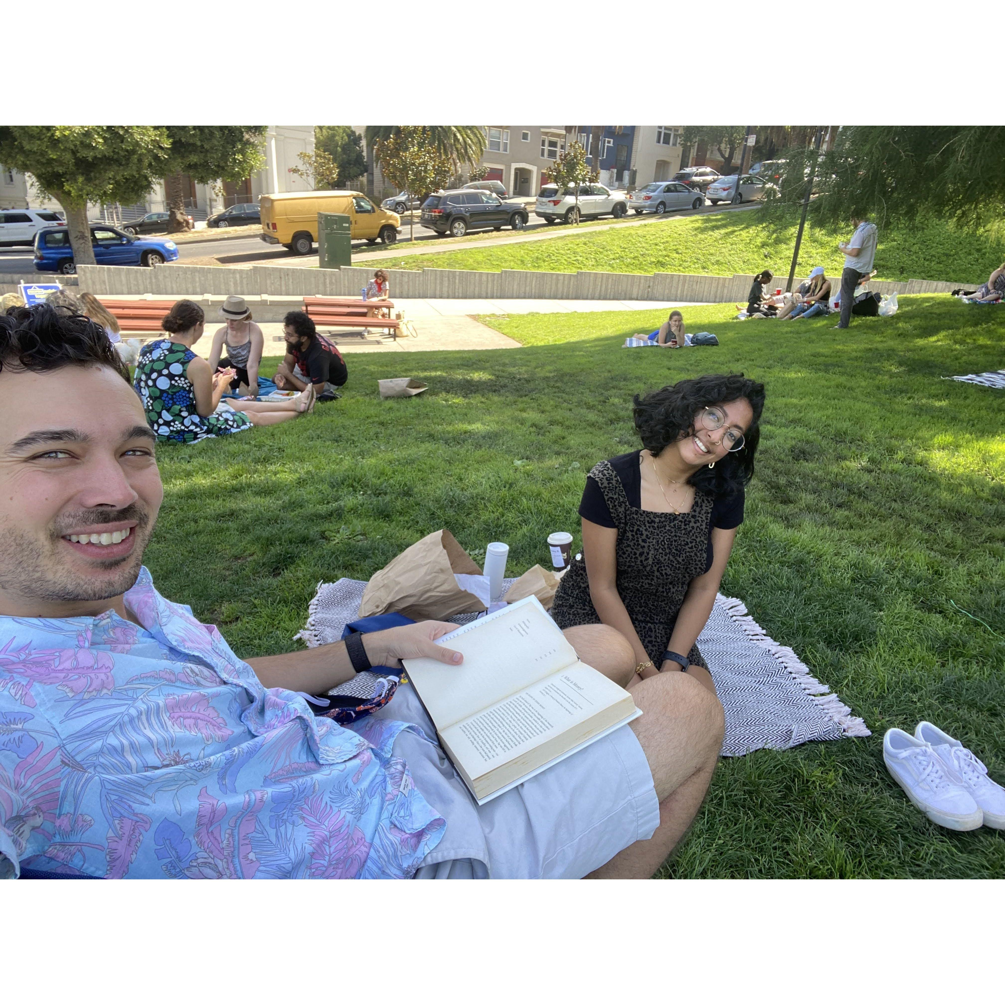 Our first book together was Recursion by Blake Crouch in 2020 and ever since, we've loved reading the same books together! This one was a reading date at Dolores Park in SF.
