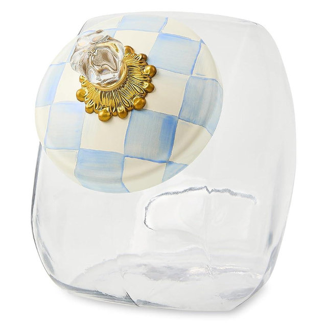 MACKENZIE-CHILDS Cookie Jar with Enamel Lid, Large Glass Treat Jar or Kitchen Jar, 1-Gallon Capacity, Light-Blue-and-White Sky Check
