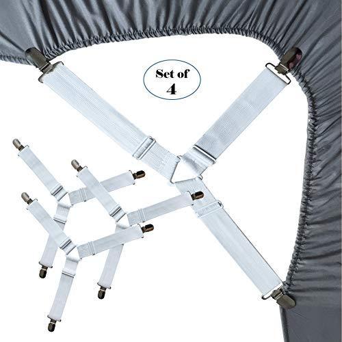 RayTour Bed Sheet Holder Straps, Adjustable Bed Sheet Fastener and 3 Way Mattress Cover Holder Fasteners The Triangle Bed Sheet Keeper with Heavy Duty Grippers Clips (Triangle White Set of 4)