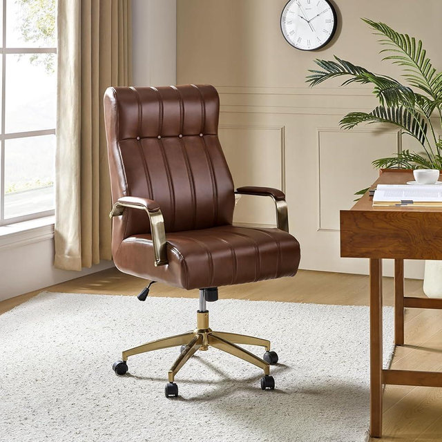 HULALA HOME Modern Executive Office Chair, Faux Leather Tufted Ergonomic Desk Chair with Gold Plated Base & Armrests, 360° Swivel Adjustable Height Tilt Home Office Chair for Work/Study