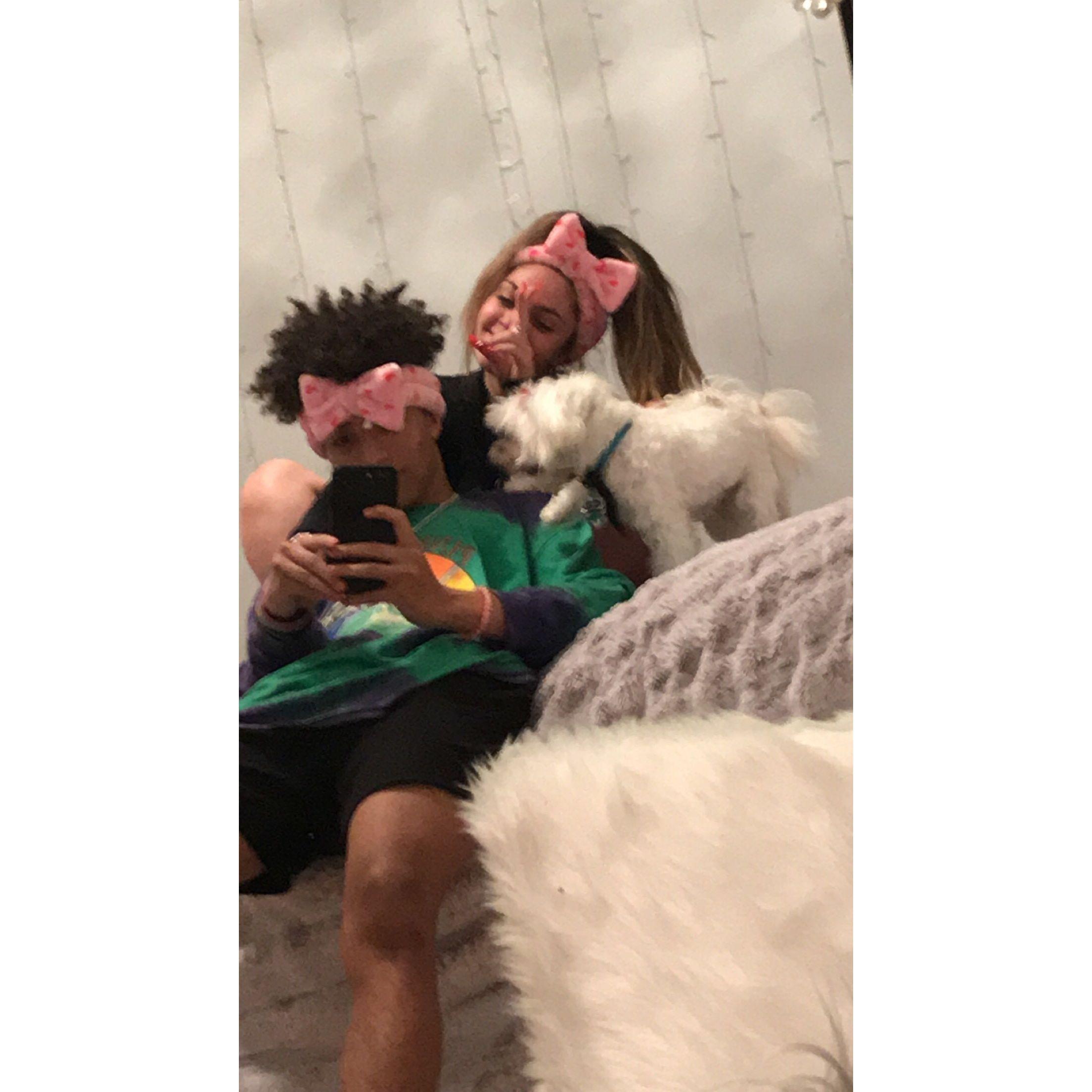 Doing our skincare together with the pups