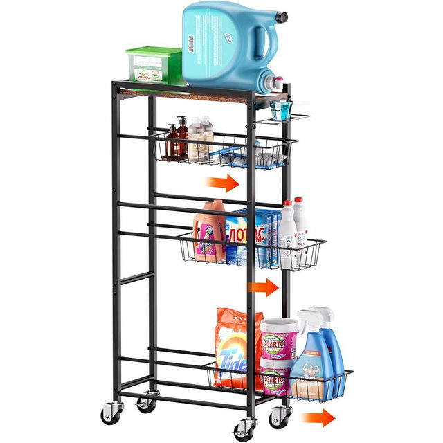 PAPAGIFTREE 4 Tier Slim Rolling Storage Cart with Pull-Out Baskets, Narrow Sliding Storage Laundry Cart, Slim Laundry Rolling Cart Between Washer and Dryer Storage, Laundry Storage Cart Organizer