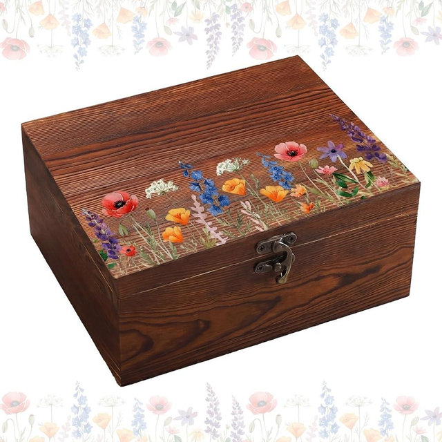 Gerrii Wildflower Wooden Keepsake Box Wedding Baby Shower Spring Flower Memory Storage Box with Buckle for Birthday Baby in Bloom Party(Wildflower Mix,Brown,11.02 x 8.86 x 4.92 Inches)