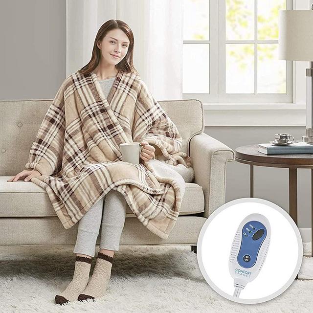 Comfort Spaces Plush to Sherpa Electric Blanket Shoulder and Neck Wrap with Matched Sock Set Ultra Soft and Warm Hypoallergenic Fleece-Reversible Heated Poncho Throw, 50" W x 64" L, tan Plaid