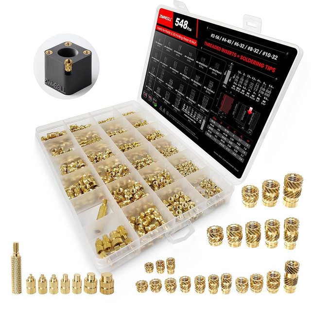 ZWMSSLL #2-56#4-40#6-32#8-32#10-32 Threaded Inserts-548 Pieces Assortment Kit+8xSoldering Tips for Heat Set Insert,Brass Knurled Nuts for 3D Printing Components and Plastic Parts