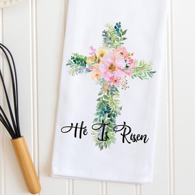 Easter Cross Tea Towel, He Is Risen Easter Towel, Easter Décor, Easter Dish Towel, Easter Kitchen Towel, Floral Easter Cross Tea Towel