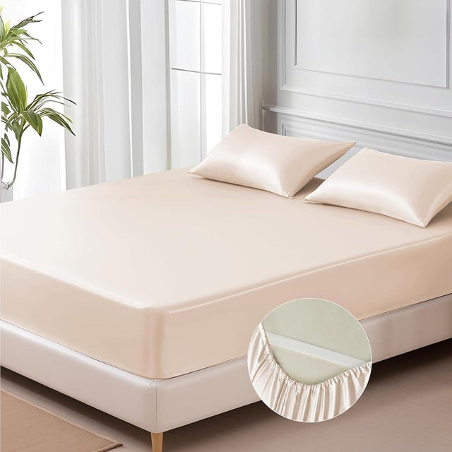 MR&HM Satin Fitted Sheet Queen Size, Silky Bottom Sheet with Elastic Corner Straps, Deep Pocket up to 15 Inch, No More Slipping Off for Mattress - 1 Fitted Sheet Only (Beige)