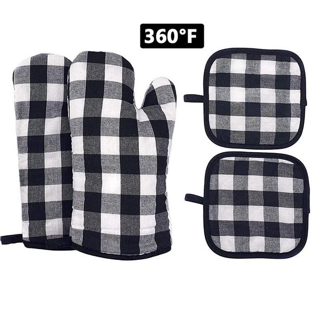 Oven Mitts and Pot Holders Set, Heat Resistant BBQ Gloves with Non-Slip Surface for Safe Kitchen Cooking Baking Grilling (Black)