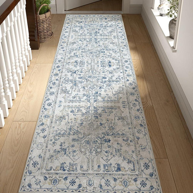 jinchan Hallway Runner Rug 2x10 - Kitchen Washable Rug Floral Runner Non Slip with Rubber Backing Ultra-Thin Vintage Carpet for Bedroom Laundry Room Living Room (2x10ft,Blue)