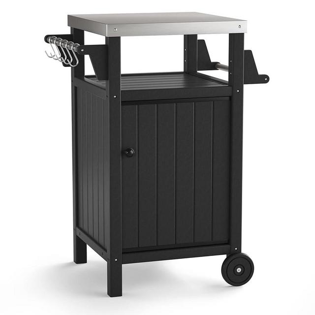 Movable Portable Outdoor Table, Stainless Steel Patio Kitchen Island, Storage Cabinet with Wheels and Side Shelf, inclouding Four Accessory Hooks for Outdoors(Black Color)