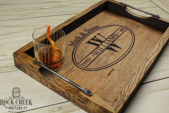 Bourbon serving, wine barrel, wedding gift, personalized wood, monogrammed tray