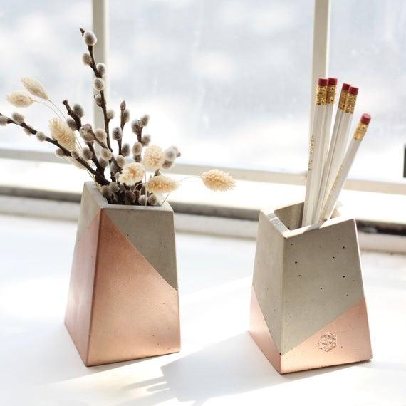 Concrete Flower Vase Bookend | Pen and Pencil Holder | Kitchenware Holder | Grey White Black Rose Gold Silver