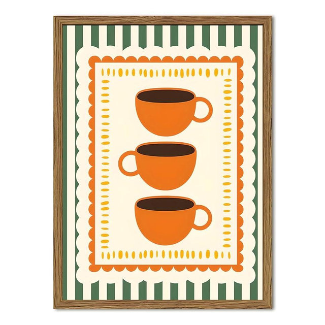 Cute Coffee Bar Wall Art Vintage Orange Cups Kitchen Wall Decor Picture Trendy Green Striped Cafe Poster Canvas Painting Prints for Living Dining Room Bedroom 12x16 inch Wood Framed
