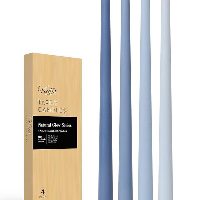Viyffo Taper Candles 12 Inch Blue Set of 4 Unscented, Dripless, Smokeless Long Tall Tapered Candlesticks Wedding Advent Home Decor Dinner Christmas-Natural Color Series
