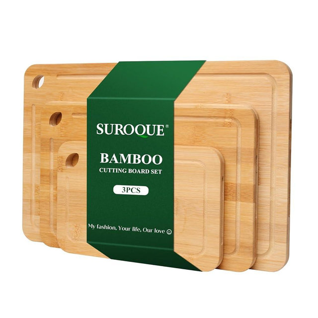SUROQUE Bamboo Cutting Board Set of 3 for Kitchen, Chopping Boards with Juice Groove & Built-in Handles, Perfect for Meat, Vegetables, Fruits, Kitchen Gift for Home Cooks & Chef, Light Yellow