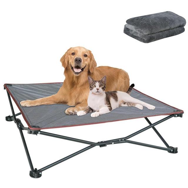 unp Foldable Dog Bed Pop up - 36 x 36 x 10 inch Elevated Pet Cot Outdoor Breathable - Removable Plush Pad & Carrying Bag Raised Dog Camping Bed (Grey, L PRO)