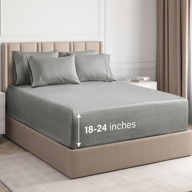 Extra Deep Queen Sheet Set - 6 Piece Breathable & Cooling Sheets - Hotel Luxury Bed Sheets Set - Easy Fit - Soft, Wrinkle Free & Comfy Sheets Set - Heathered Grey Sheet Set w/Extra Deep Pockets