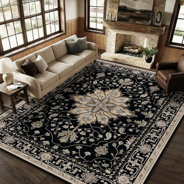 RELEANY Area Rugs 8'x10' Washable Non-Slip, Floral Vintage Distress Medallion Carpet for Living Room Bedroom Dining Room, Black Brown Neutral Dark Tan