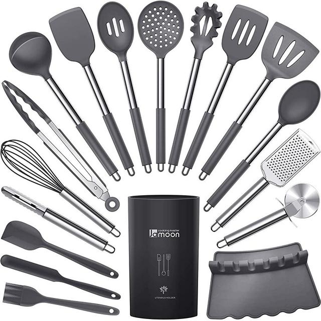 Silicone Cooking Utensils Set - Heat Resistant Kitchen Utensils,Turner Tongs,Spatula,Spoon,Brush,Whisk,Pizza Cutter,Graters.Gadgets.Gray Cooking Utensil for Nonstick Cookware.Dishwasher Safe.