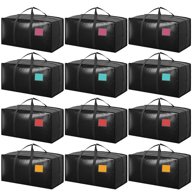 RMOHRO 12 Pack Moving Bags with Full-Open Side Zipper, Extra Large 93L Heavy Duty Waterproof Foldable Storage Totes for College Dorm, Moving & Home Organization Black
