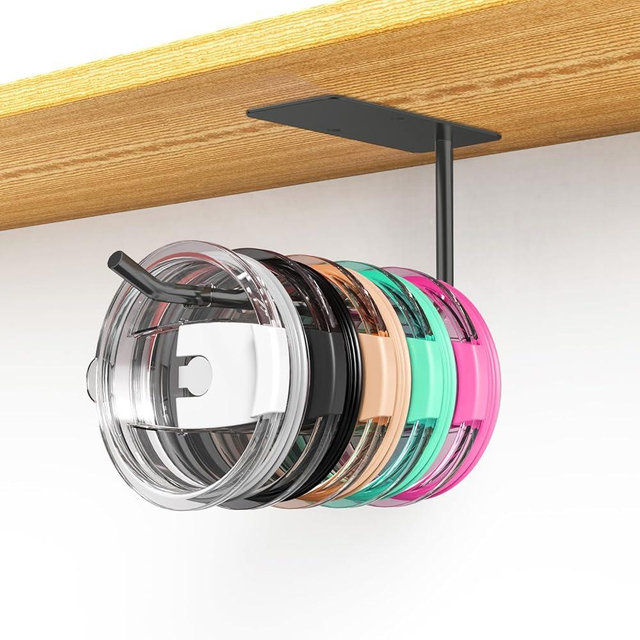 CUXIXA Tumbler Lid Organizer - Stainless Steel Holder, Self Adhesive or Drilling Tumbler Lid Storage Hook, Wall Mount for Kitchen Cabinet (Black)