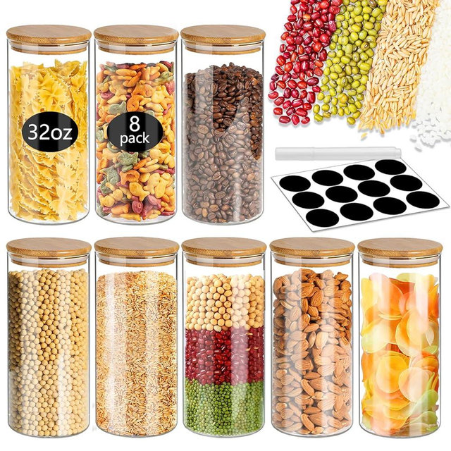 SLifeJars-32 oz Glass Jars with Bamboo Lids 8 pcs Glass Food Storage Containers with Airtight Bamboo Lids, Glass Canisters Stackable Kitchen Pantry bamboo lid for Coffee Beans, Rice, Sugar and More