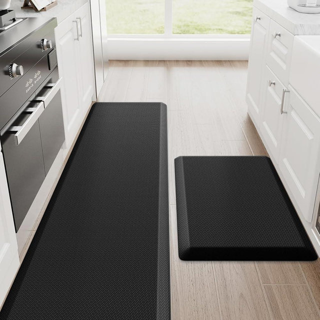 StepRite Kitchen Mats, 2PCS Kitchen Rugs, Cushioned Anti Fatigue Kitchen Mats for Floor, Non-Slip Standing Desk Mat, Waterproof Kitchen Rug Set for Kitchen, 20" x 32"+20" x 72"-Full 1 inch Thick,Black