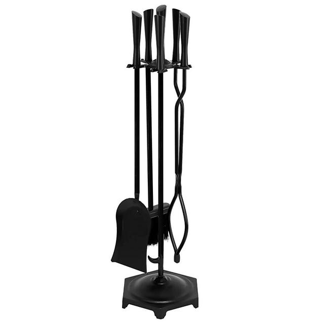 Gtongoko 5 Pieces Fireplace Tools Set Wrought Iron Fireplace Tools for Outdoor/Indoor Include Chimney Poker, Antique Tongs, Shovel,Rustic Brush and Stand Accessories Set, Black
