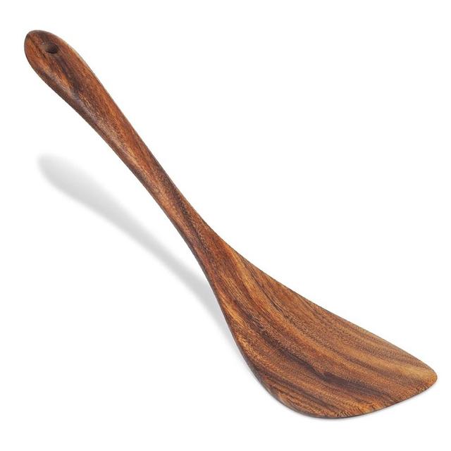 Jilla-hla Wooden Spatula for Left Hand, Long Handle Spatula Turner Acacia Wood for Non-Stick Wok and Kitchen Use