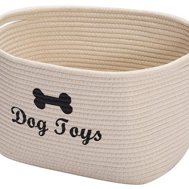 Geyecete Cotton Rope Dog Toy Basket with Handle for Toy Storage Blanket Storage Natural Woven Basket Pet Toy Storage Boxes