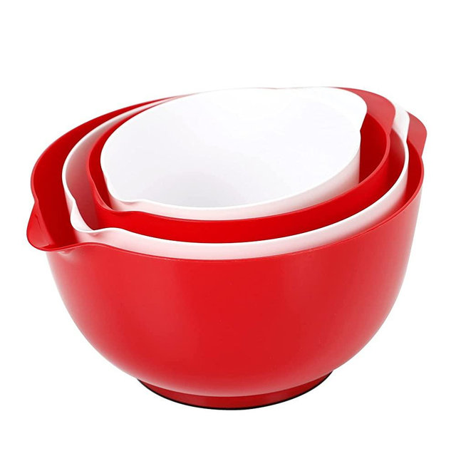 BoxedHome Red and White Nesting Plastic Mixing Bowl Set With Pour Spout, Microwave and Dishwasher Safe, BPA free Non-Slip Base, Set of 4 Size 1.7, 2.5, 3.5 and 4.5qt, Great for Prepping, Baking