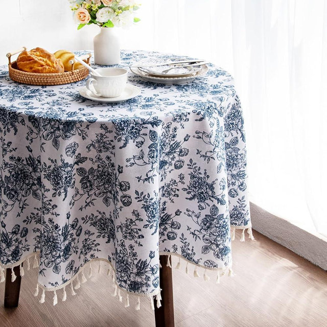 LOVOUS Vintage Blue Floral Round Tablecloth 60 Inch - Washable Linen Table Cloth for Round Table Cover Indoor & Outdoor Dining, Restaurant, Picnic, Pastoral Tablecloth Decor