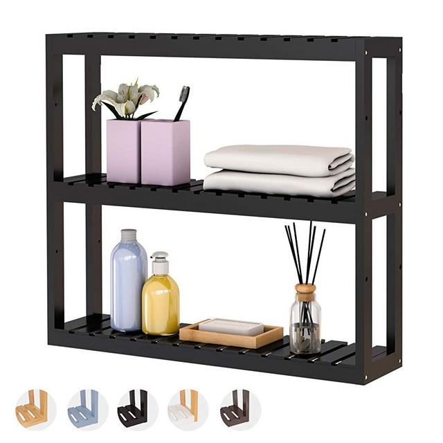 Domax Bamboo Bathroom Shelf 3-Tier Wall Mount Storage Rack Multifunctional Adjustable Layer Free Standing Over Toilet Utility Shelves Living Room Kitchen (Black)