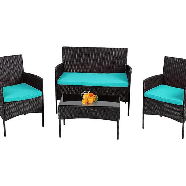 Patio Furniture Set 4 Pieces Outdoor Furniture Rattan Patio Furniture Wicker Patio Chair Patio Conversation Set for Outdoor Indoor Use with Loveseats Coffee Table,Blue Cushion