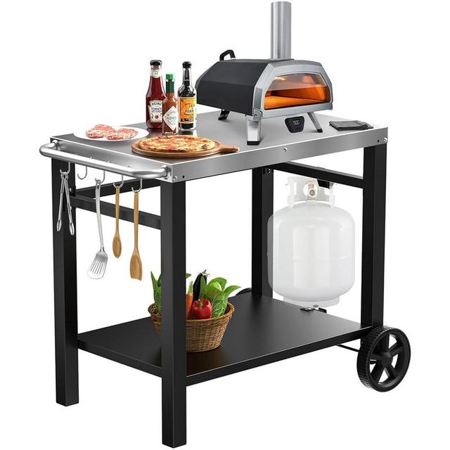 Outdoor Grill Table Cart, Movable Dining Cart, Pizza Oven Table Stand with Wheels Double-Shelf Movable Food Prep and Work Table, Fits for Ninja Ooni Blackstone Weber Q, 39.5"×25" Stainless Steel
