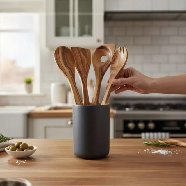 Olive Wood Utensils Set (5-Piece) – Handcrafted & Food-Safe