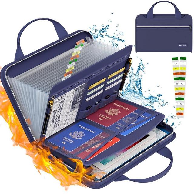 Tamfile Fireproof Accordion File Organizer with Handle, 13 Pocket Expanding File Folder with Zipper & Labels, File Folder with Multi-Pockets Paper Organizer Folder for Letter A4 Files, Blue