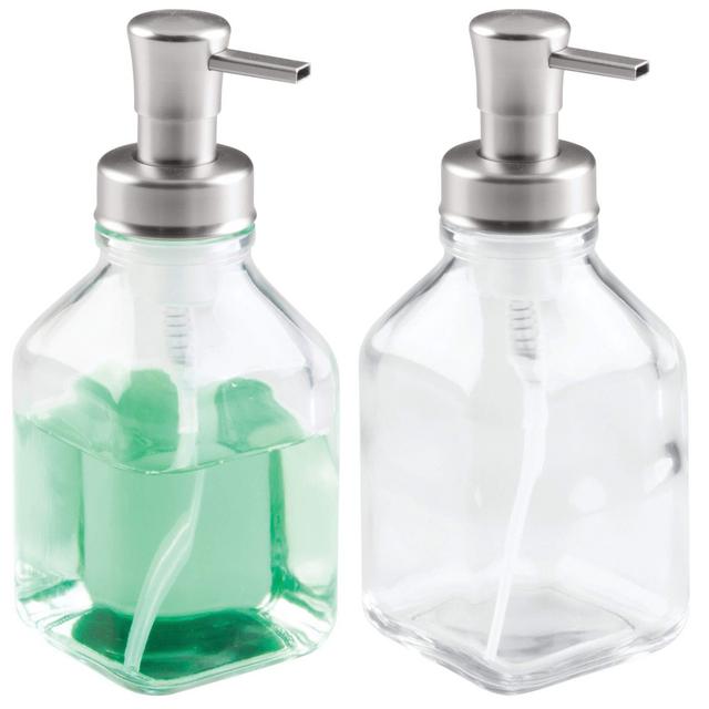 mDesign Modern Square Glass Refillable Foaming Soap Dispenser Pump Bottle for Bathroom Vanity Countertop, Kitchen Sink - Save on Soap - Vintage-Inspired, Compact Design - 2 Pack - Clear/Brushed