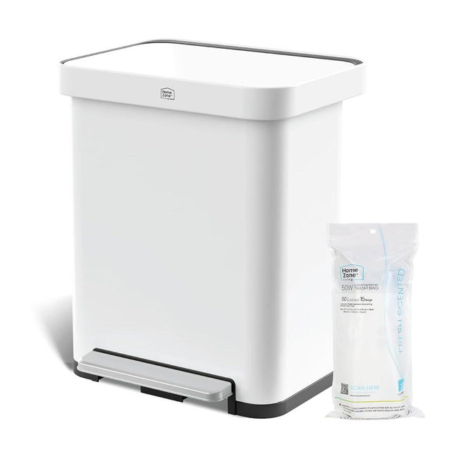 Home Zone Living 13 Gallon Stainless Steel Kitchen Trash Can with Slow Closing Lid and Wide Opening, Virtuoso Collection, White